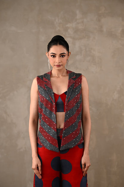 Embellished Vest & Polka Wide-Leg Pants Set
