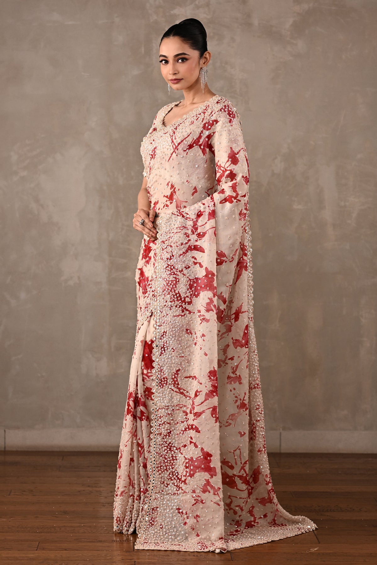 Floral Printed Embellished Saree Set