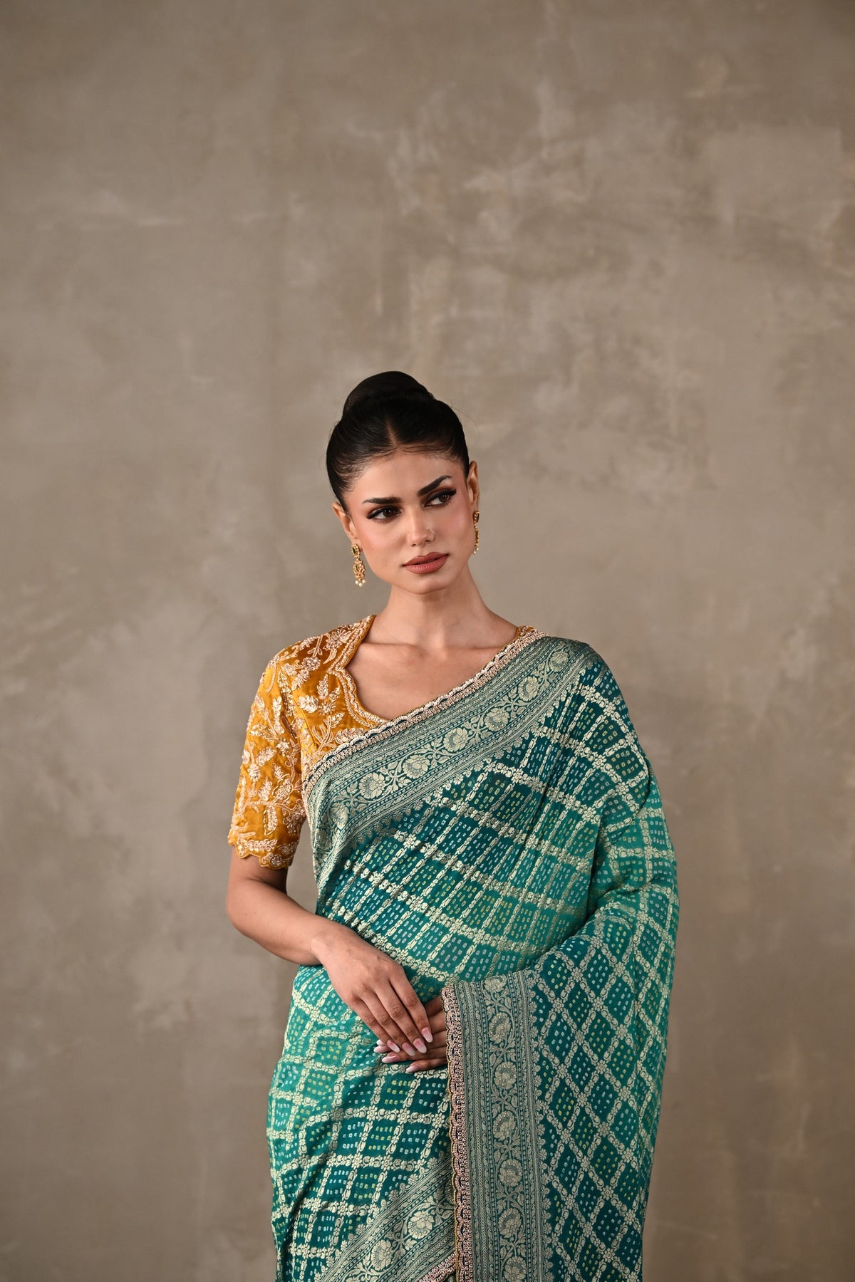 Embroidered Bandhej Saree Set