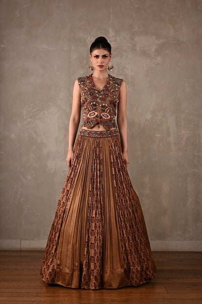 Embroidered Printed Satin Lehenga Set