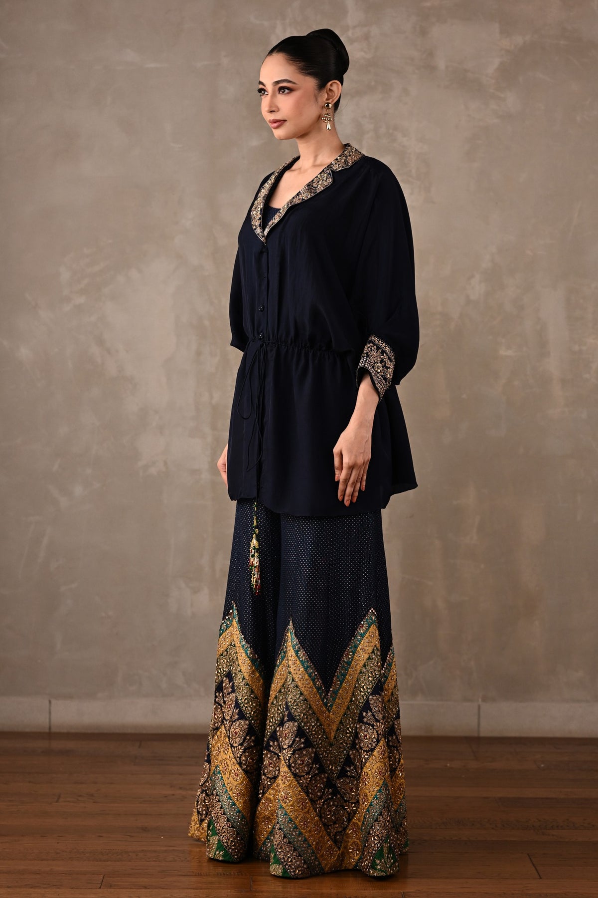 Drawstring Shirt & Chevron Embroidered Pants Set