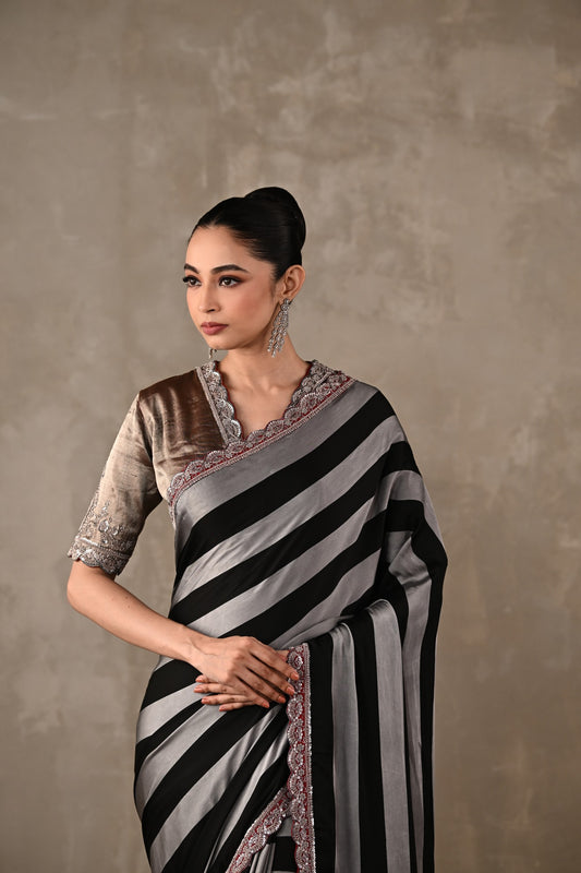 Striped Satin Saree Set