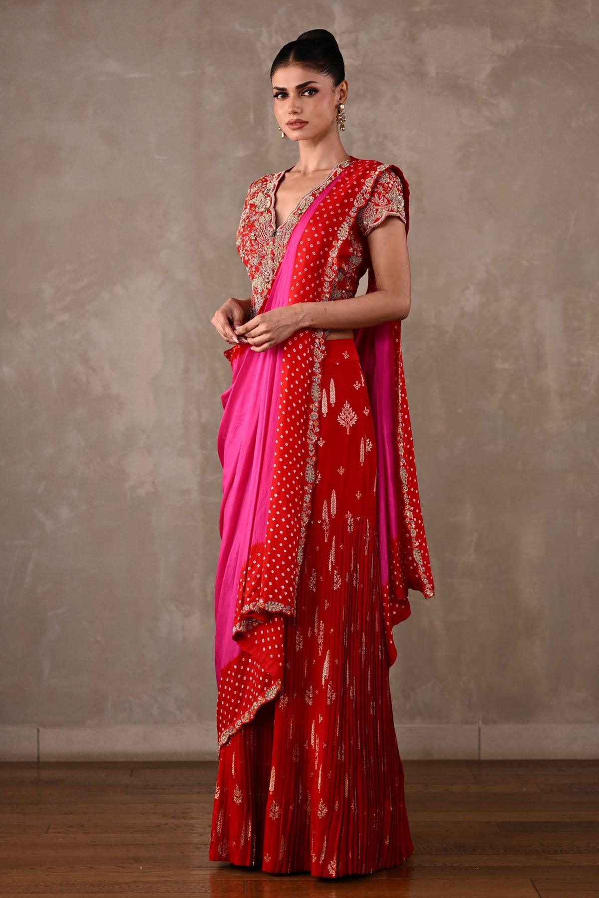 Bandhani Drape Set with Pleated Banarasi Pants