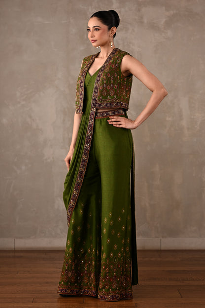 Printed Embellished Drape Pants & Cropped Jacket Set