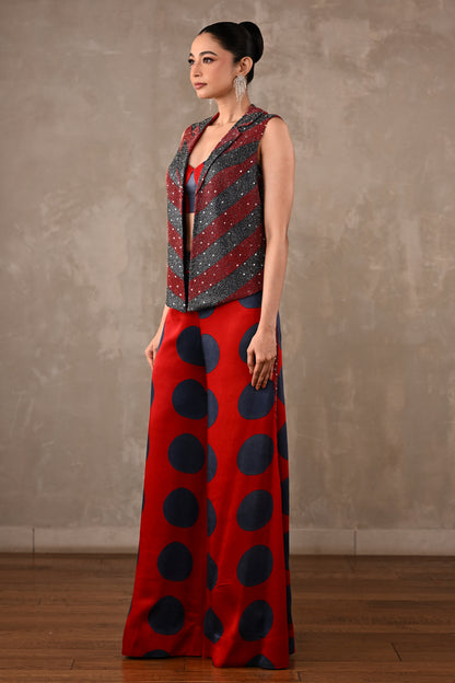 Embellished Vest & Polka Wide-Leg Pants Set