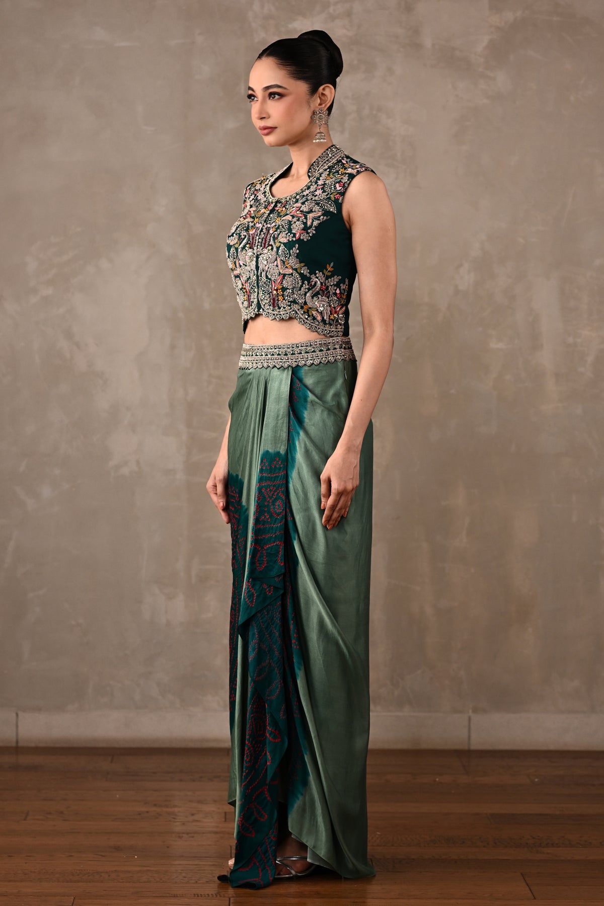 Embroidered Crop Top & Bandhej Drape Skirt Set