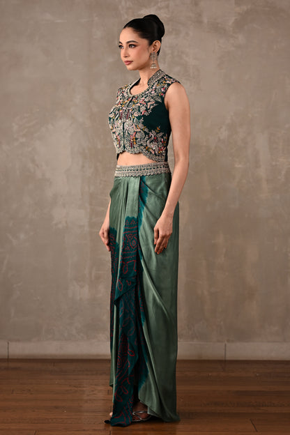 Embroidered Crop Top & Bandhej Drape Skirt Set
