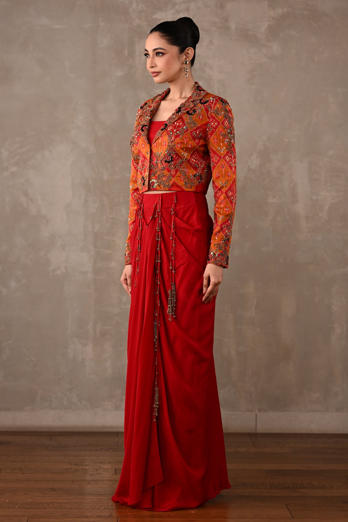 Pochampally Cropped Jacket & Drape Skirt Set