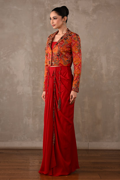Pochampally Cropped Jacket & Drape Skirt Set