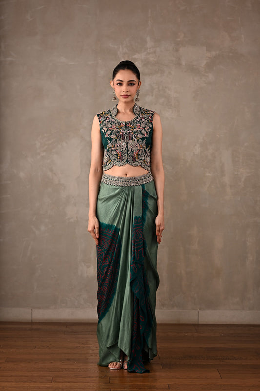 Embroidered Crop Top & Bandhej Drape Skirt Set