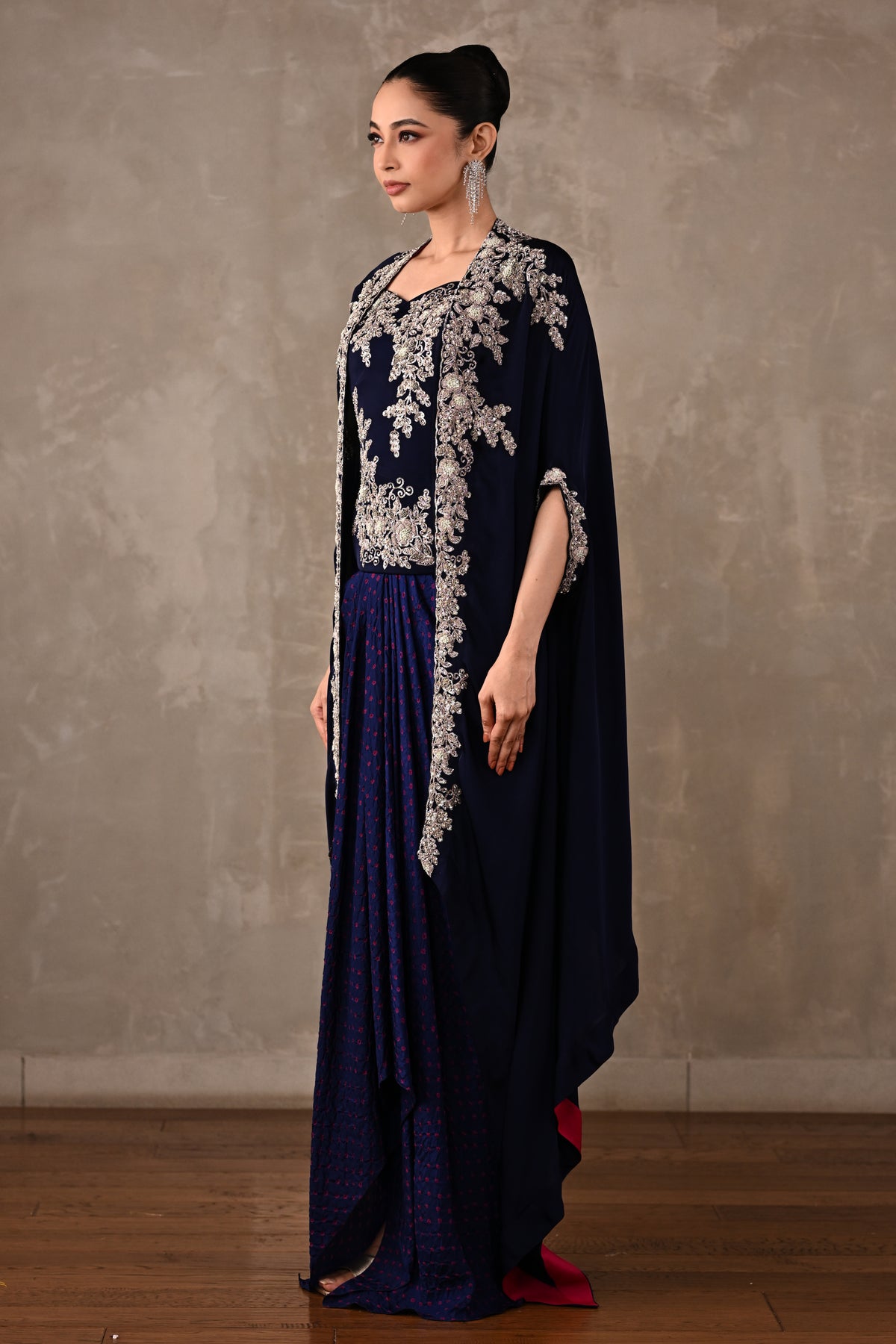Zardosi Embroidered Cape & Bandhej Drape Skirt Set