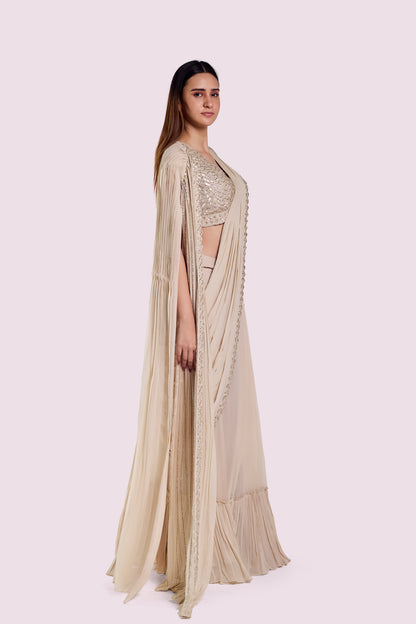 Embellished Drape Saree With Longline Cape