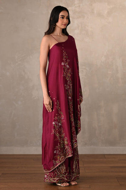 Red Silk One-Shoulder Kurta Set With Embroidered Sharara