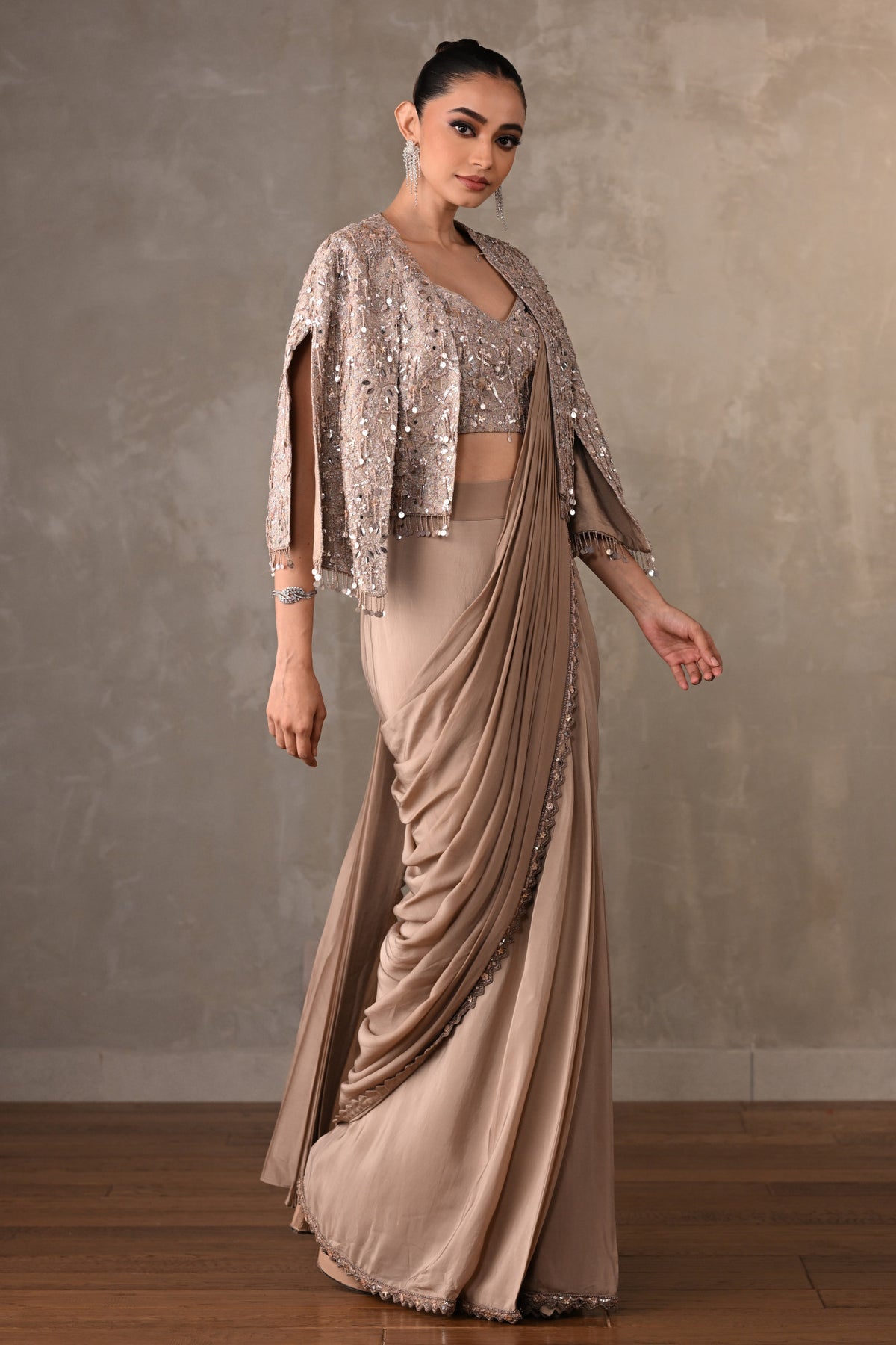 Tone-On-Tone Embroidered Drape Saree With Short Jacket