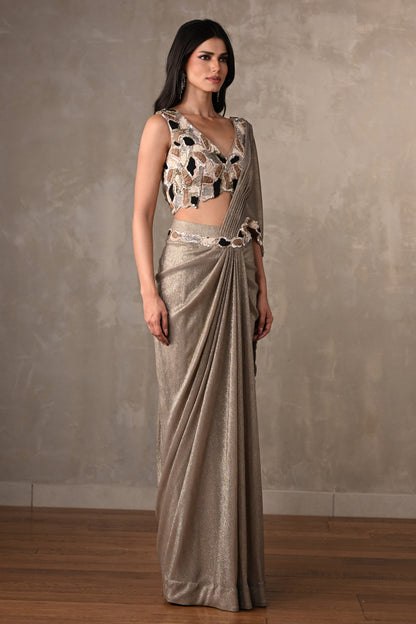 Dusty Grey Embellished Drape Saree Set