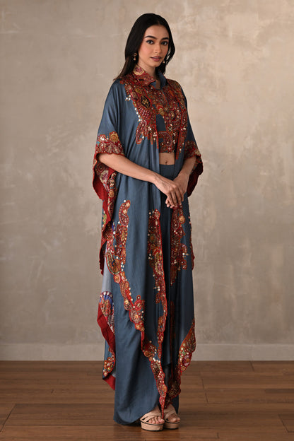 Blue Embroidered Kaftan Shirt & Drape Pant Co-Ord Set
