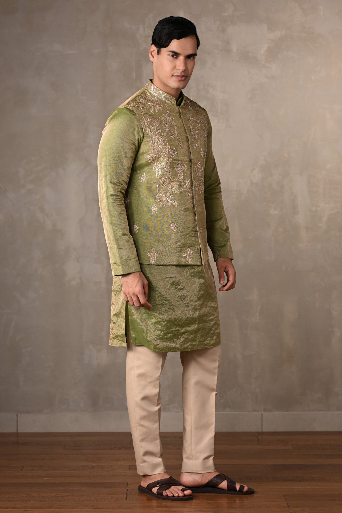 Green Tissue Silk Bundi Kurta Set