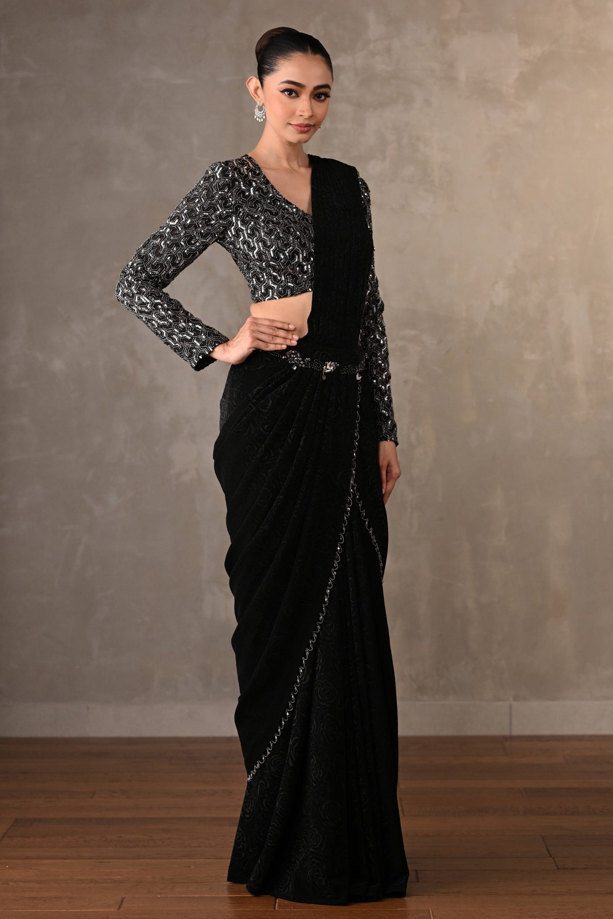 Starlit Black Sequin Drape Saree Set
