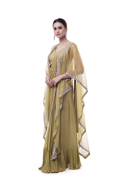 Lime Yellow Drape Saree With Cape