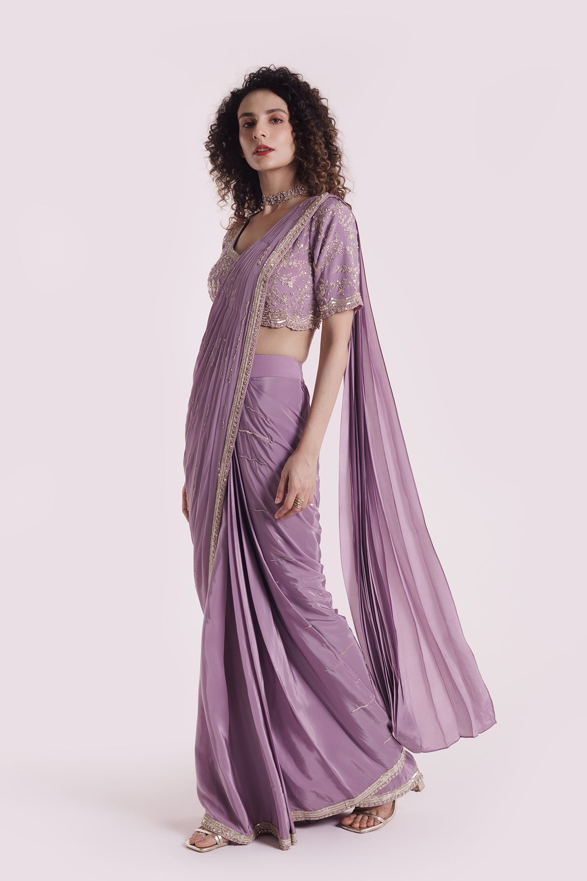Embroidered Lavender Lycra Drape Saree