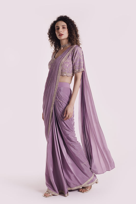 Embroidered Lavender Lycra Drape Saree