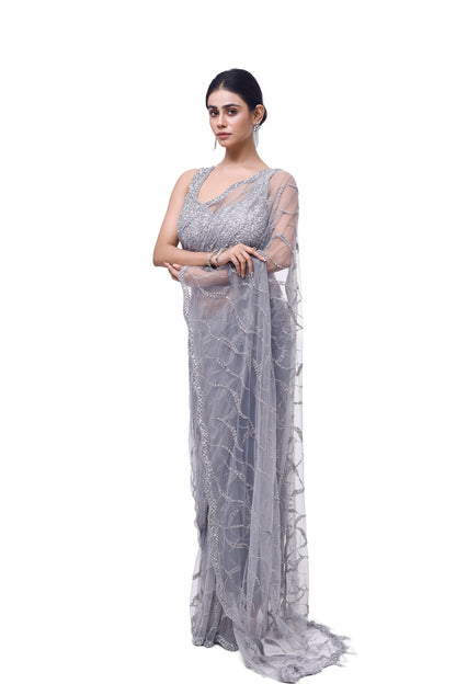 Ash Embellished Net Saree