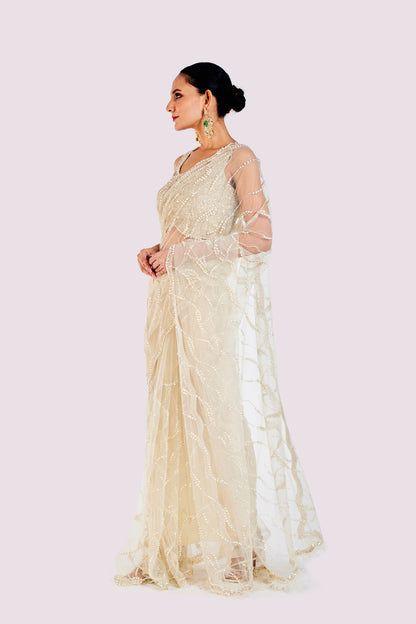 Ivory Embellished Net Saree
