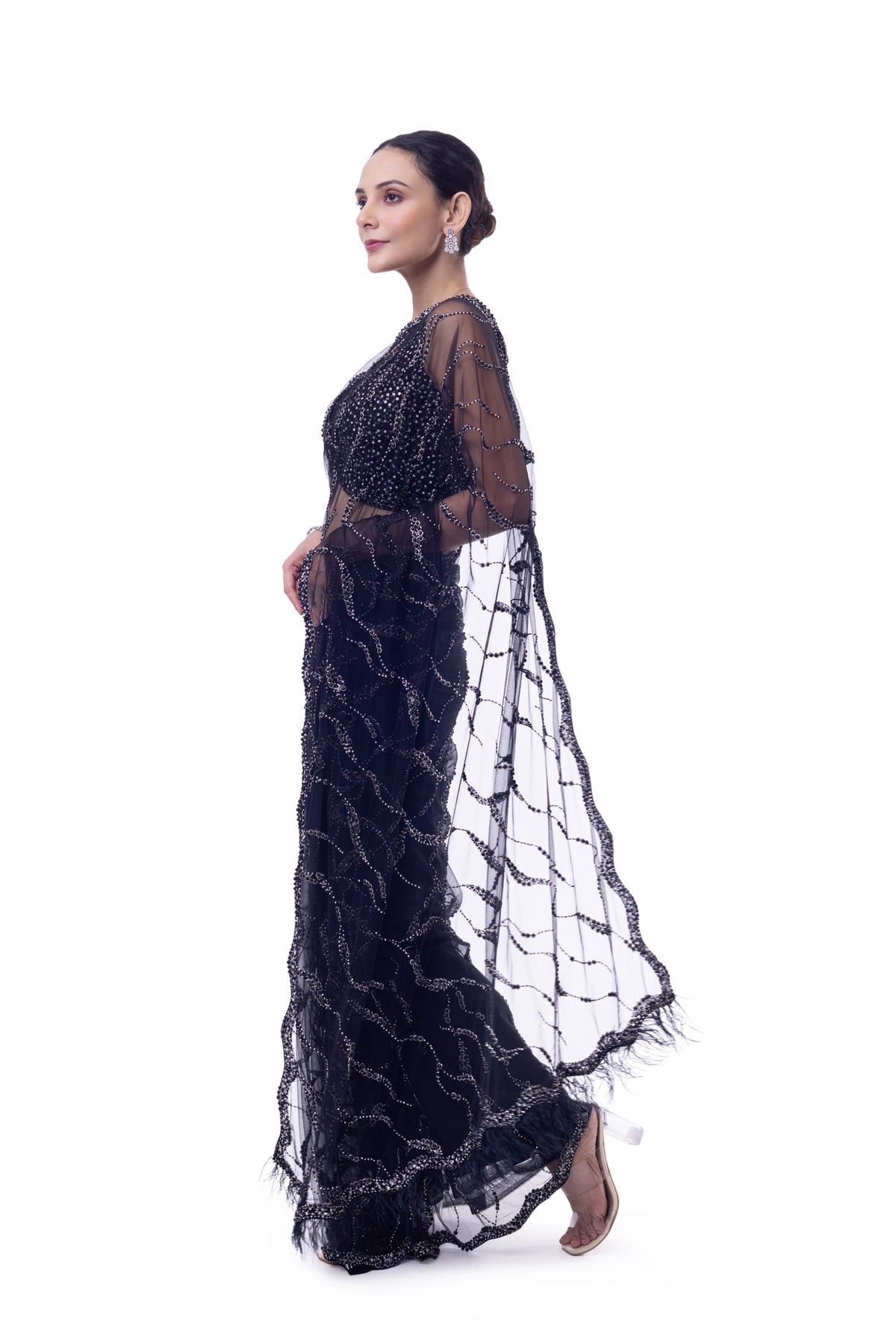 Black Embellished Net Saree