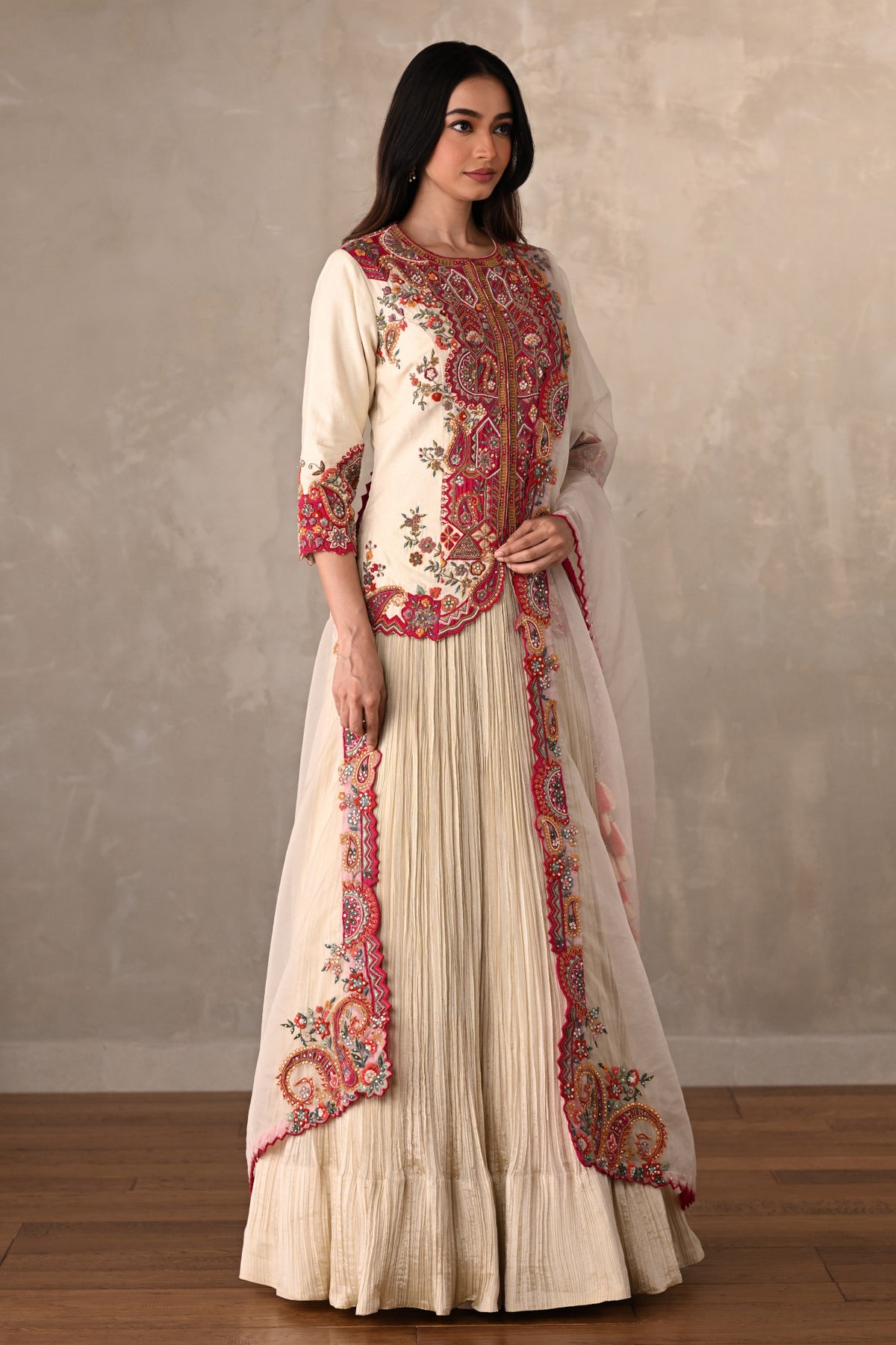 Off White Rouge Crushed Organza Lehenga Set