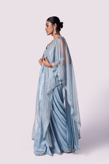 Doctor Blue Drape Saree With Cape