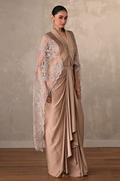Champagne Satin Draped Skirt with Structured Sheer Cape