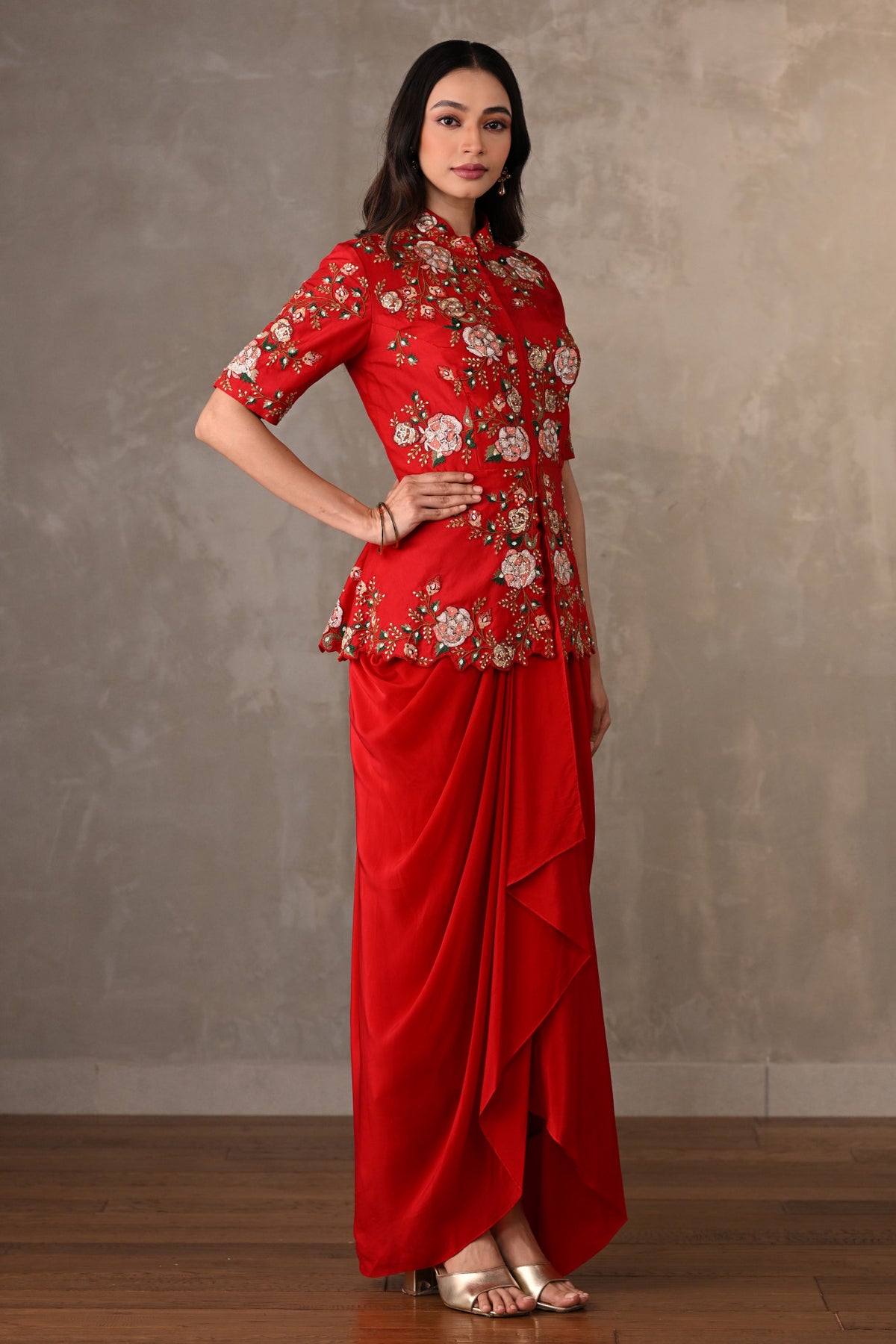 Red Threadwork Peplum Set