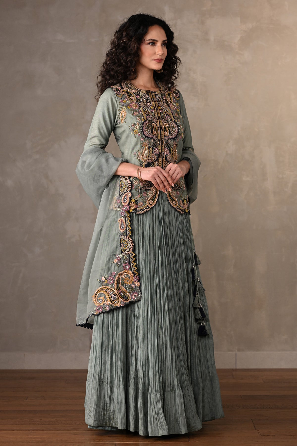 Sky Blue Rouge Crushed Organza Lehenga Set