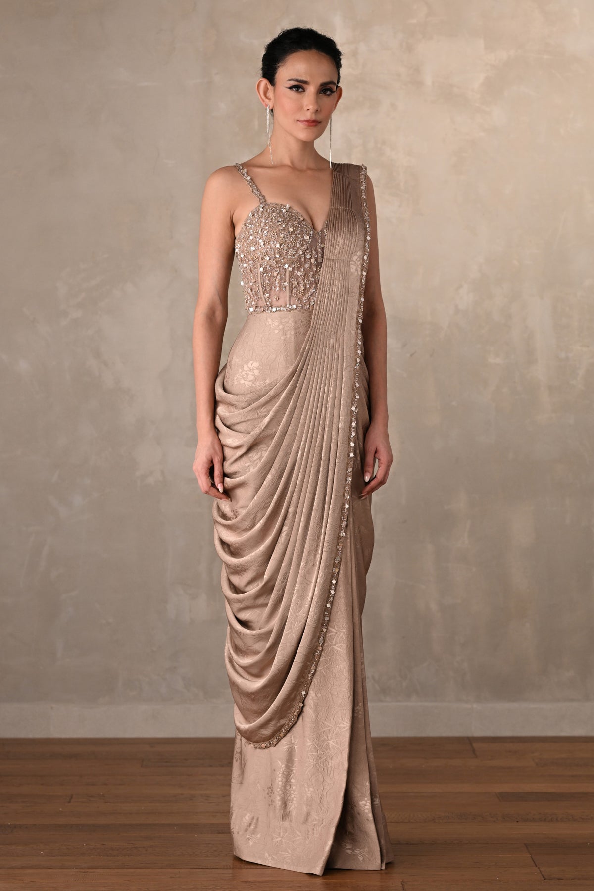 Satin Draped Gown With Embellished Corset