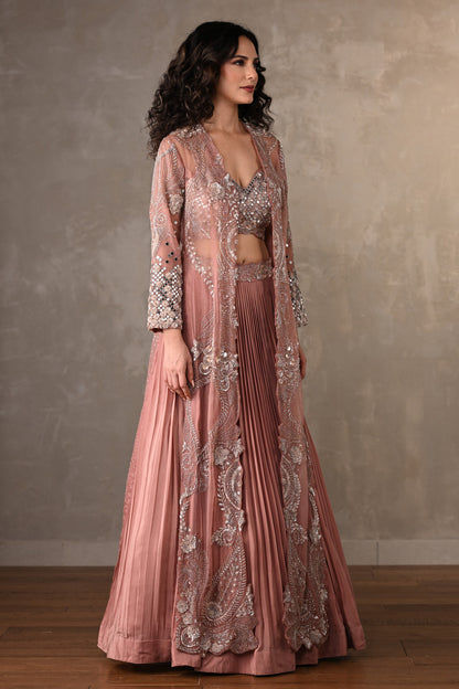 Rosewood Radiance Embellished Skirt Set With Cape