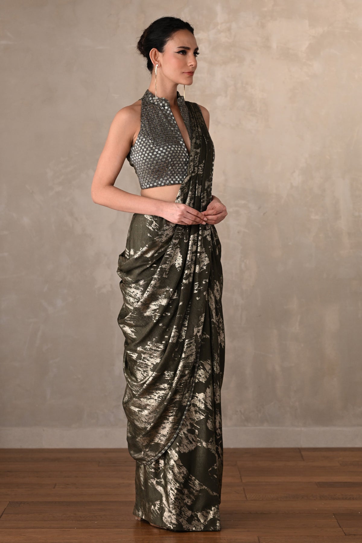 Olive Lustre Foil Drape Saree