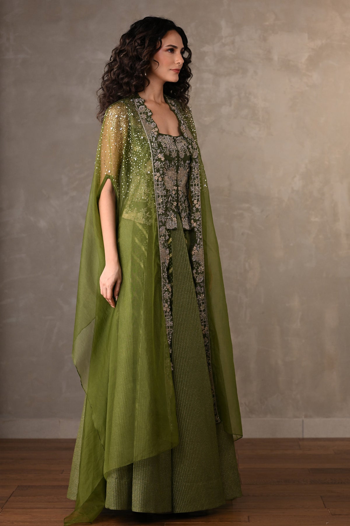 Green Regal Brocade Cape Lehenga Set