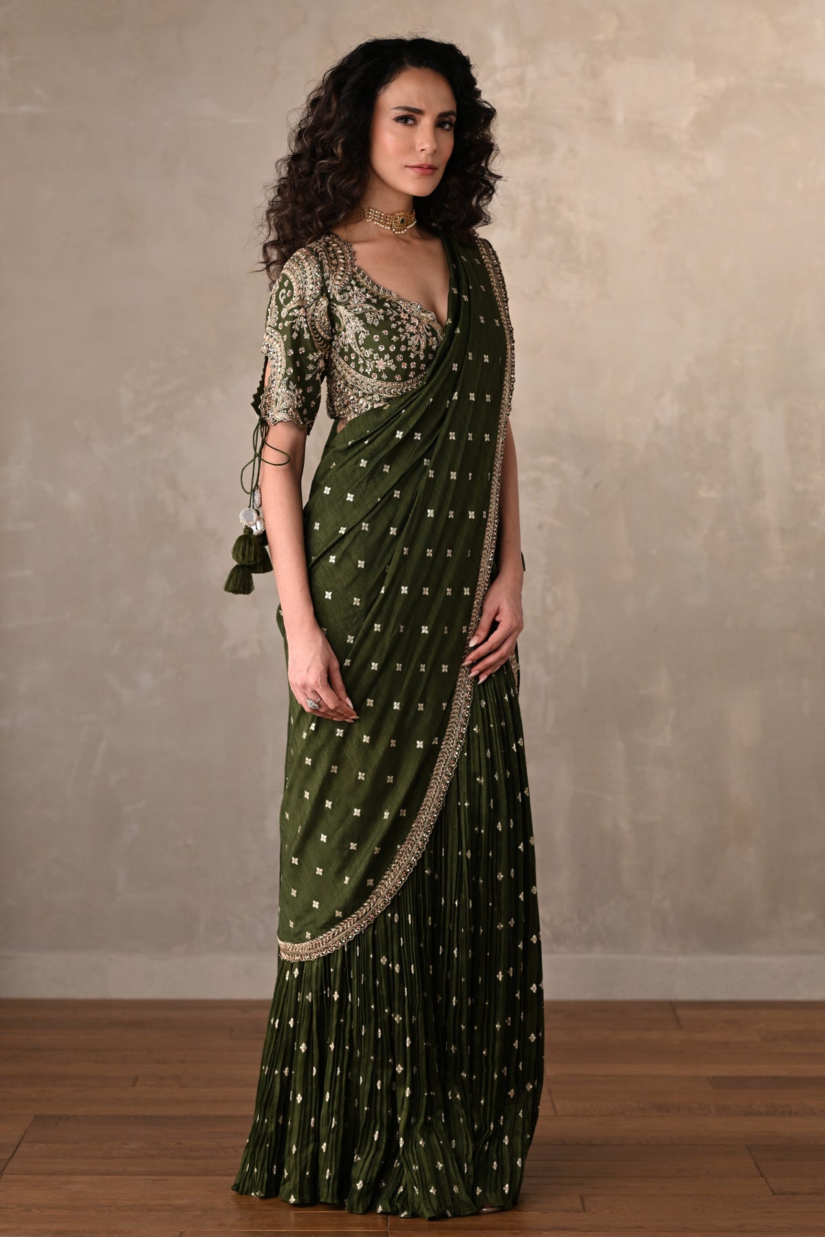 Zariya Olive Embroidered Drape Saree