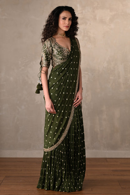 Zariya Olive Embroidered Drape Saree