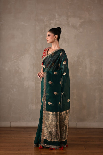 Silk Saree with Zari & Tikki Embroidered Blouse