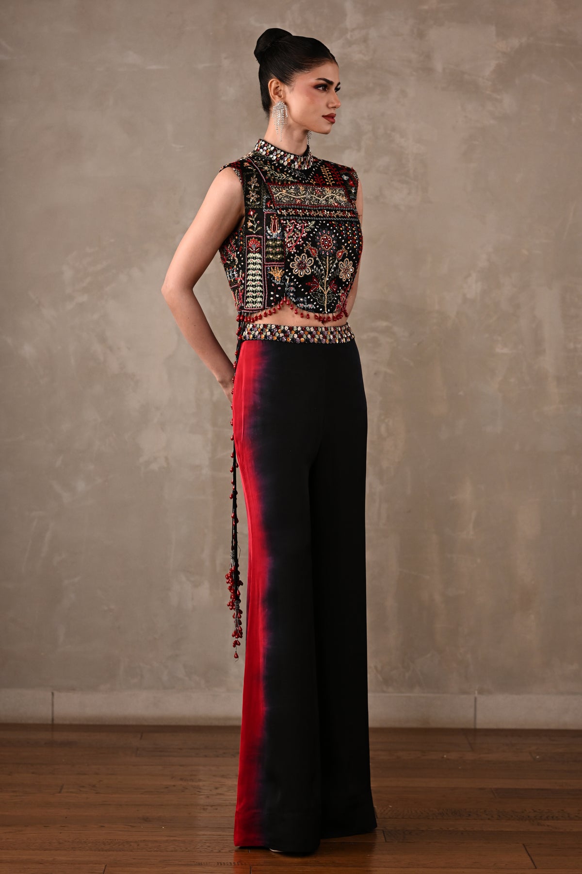 Multicolour Embroidered High-Neck Top & Shaded Pants Set
