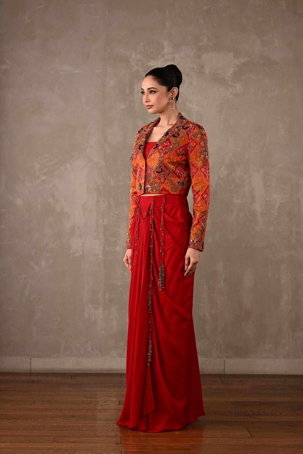 Pochampally Cropped Jacket & Drape Skirt Set