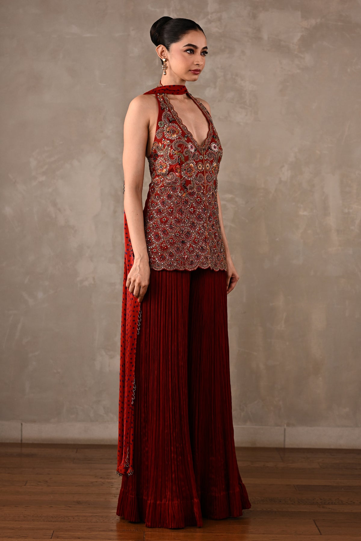 Halter Top with Pleated Pants & Choker Dupatta Set