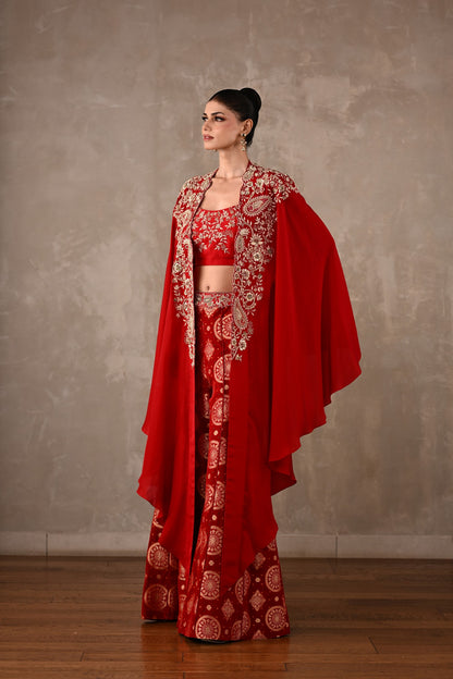 Embroidered Cape & Banarasi Pants Set