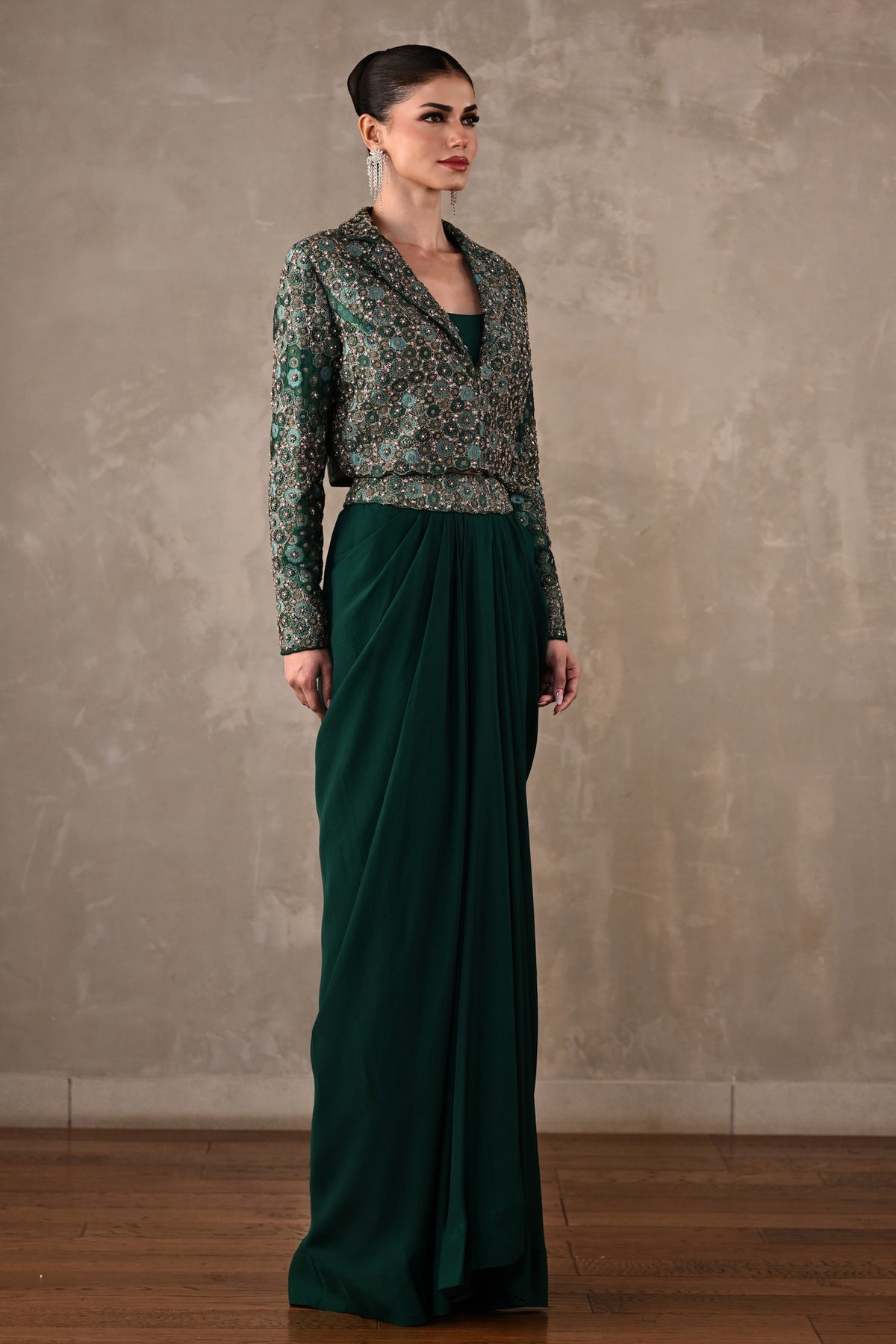 Embellished Crepe Drape Skirt & Cropped Jacket Set