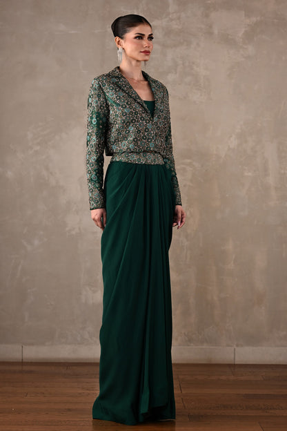 Embellished Crepe Drape Skirt & Cropped Jacket Set