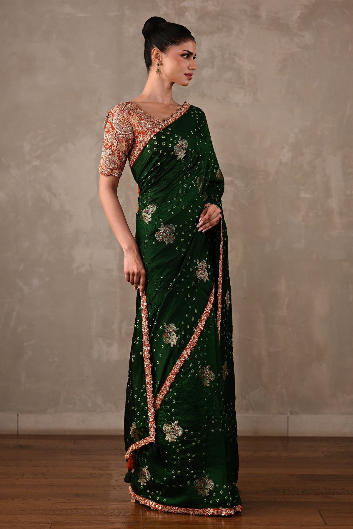 Katan Silk Bandhej Saree with Embroidered Blouse