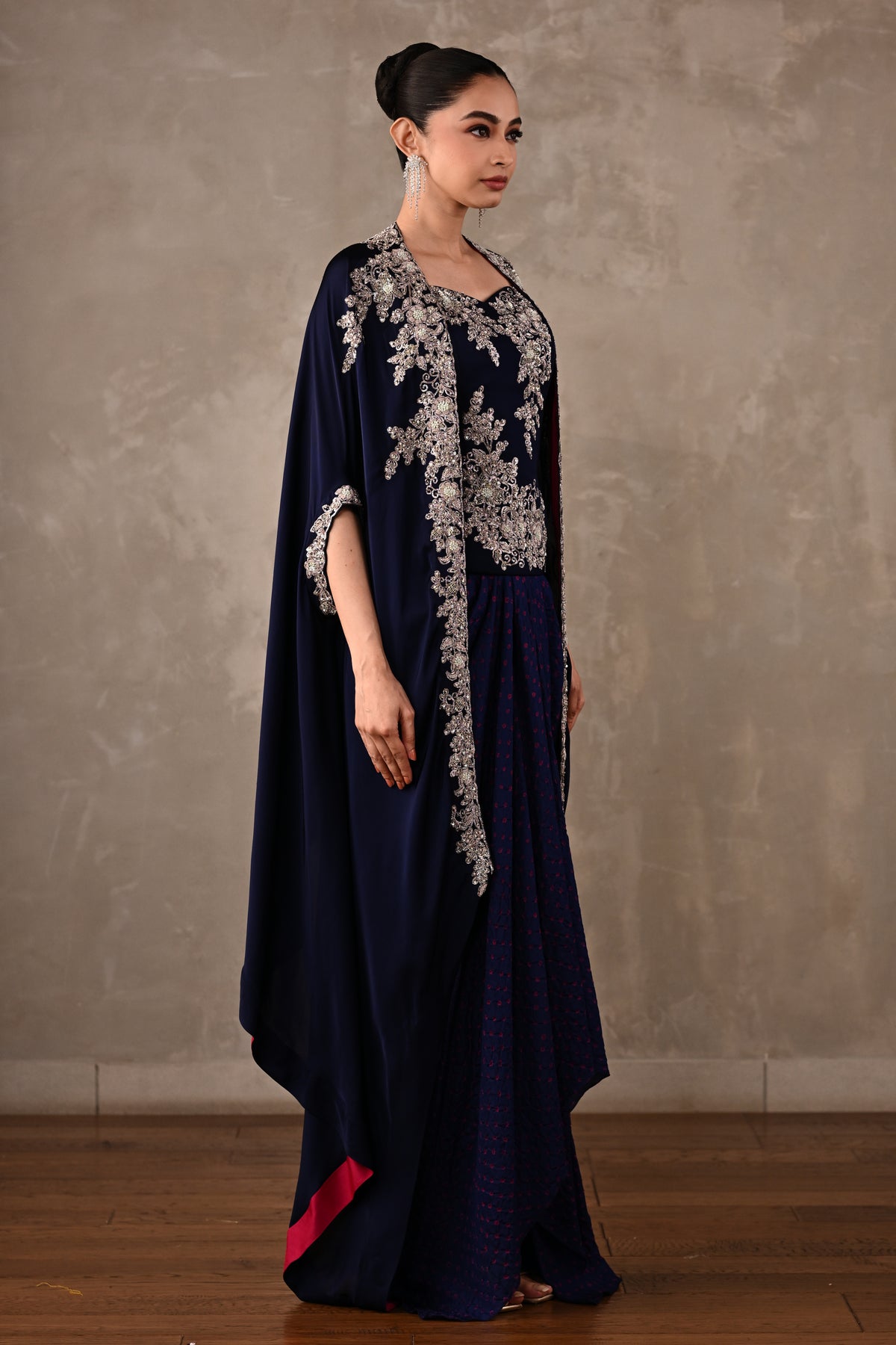 Zardosi Embroidered Cape & Bandhej Drape Skirt Set