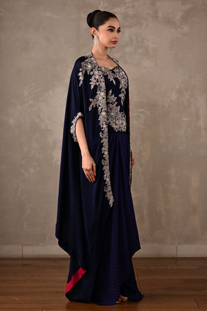 Zardosi Embroidered Cape & Bandhej Drape Skirt Set
