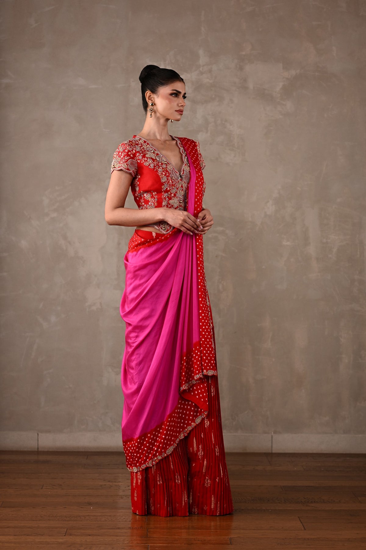 Bandhani Drape Set with Pleated Banarasi Pants
